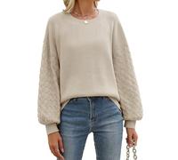 Lonya Pull Femme Chic Elegant - Tricot Col Rond Sweat Hiver Chaud Pullover Manche Longue Pulls Femme Cable Knit Grande Taille Tricoté Pull Long Oversize, Amande, XL