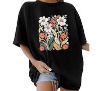 Lonya T-Shirt Oversize pour Femme à col Rond Manche Courte Tee Shirt Grande Taille Créatives Vintage Rétro D'été Décontracté Coton Loose Haut Imprimé Marguerite Streetwear, E-Noir, S