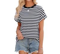 Lonya Tee Shirt Femme D'été Débardeur à Manches Courtes Rayures T-Shirts Col Ras Élégant Base Hauts Tuniques Top Z-Noir-Blanc,XL