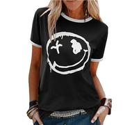 Lonya Tee Shirt Femme Manches Courtes D'été Blouse Chic Tops Elégant T-Shirt Décontractés Imprimés Smile Face Chemisiers Noir,XL