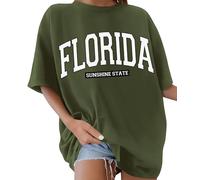 Lonya Tee Shirt Femme Oversize à Col Rond Manches Courtes Florida Imprimé De Lettres Grande Taille Haut Femme D'été Décontracté Tshirt Long Tunique Casual Loose Créatives Coton, Vert Armée, M