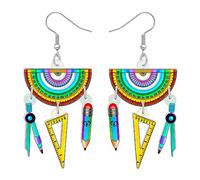 LONYOO Retour à l'école Boucles d'oreilles Crayon Pendantes Acrylique Papeterie Bijoux Drôle Globe Cadeaux pour Femmes Filles Charms Cadeaux (Set de Règles)