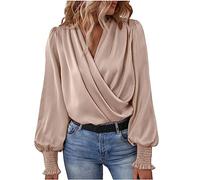 loobun Chemisier à manches longues pour femme - Coupe ample - En satin de soie - Col bénitier - Élégant - Manches longues - Haut de soirée habillé - Décontracté - Pour le bureau et le travail,