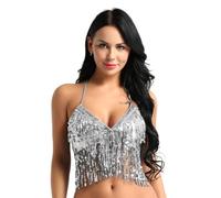 Loodgao 5 Couleurs Soutien-Gorge De Danse du Ventre Femme Brassière avec Franges Paillettes pour Latino Jazz Crop Top De Danse Samba Lingerie Sexy Débardeur pour Spectacle Discot Argent Taille Unique