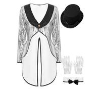 Loodgao Costume De Cirque Femme Costume De Dompteur Pièces Maître Piste À Manches Longues Paillettes Avec Chapeau Col À Nœud Gants Ensemble Costumes Carnaval Argent L