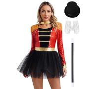 Loodgao Costume De Magicien Maitre De Piste Pour Femme Halloween Manches Longues Franges Épaulettes Paillettes Robe Tulle Rouge S