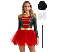 Loodgao Costume De Magicien Maitre De Piste Pour Femme Halloween Manches Longues Franges Épaulettes Paillettes Robe Tulle Noir L