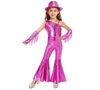 Loodgao Costume Élégant Danse Classique Jazz Pour Fille Combinaison Pantalons Évasés Danses Latines En Paillettes Cuir Avec Chapeau Rose Vif 9-10 ans