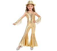 Loodgao Costume Élégant Danse Classique Jazz Pour Fille Combinaison Pantalons Évasés Danses Latines En Paillettes Cuir Avec Chapeau Or clair 7-8 ans