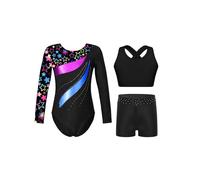 Loodgao Ensemble De Danse Complet Pour Filles Pièces Body De Gymnastique Crop Top Canotier Short Tenue De Danse Étoile noire 9-10 ans
