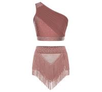 Loodgao Femme Robe Latino Américain 2 Pièces Tenue De Danse Crop Top Une Épaule + Short À Franges Ensemble Gymnastique Artistique Vêtements De Danse Rose poudré M