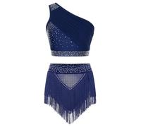 Loodgao Femme Robe Latino Américain 2 Pièces Tenue De Danse Crop Top Une Épaule + Short À Franges Ensemble Gymnastique Artistique Vêtements De Danse Bleu Marine XL