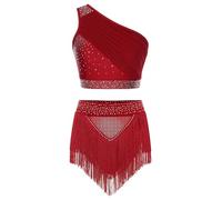 Loodgao Femme Robe Latino Américain 2 Pièces Tenue De Danse Crop Top Une Épaule + Short À Franges Ensemble Gymnastique Artistique Vêtements De Danse Bourgogne XXL