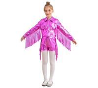 Loodgao Filles Costume De Danse Hip Hop Jazz Tops Métalliques Manches Longues Veste À Franges + Short Tenue De Danse Rose vif 5-6 ans