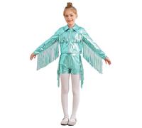 Loodgao Filles Costume De Danse Hip Hop Jazz Tops Métalliques Manches Longues Veste À Franges + Short Tenue De Danse Vert clair 5-6 ans