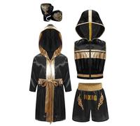 Loodgao Pièces Costume Boxe Enfants Déguisement Halloween Robes Boxeur Satin Zip sans Manches Sweat À Capuche Short Gants Ensemble Noir 9-10 Ans