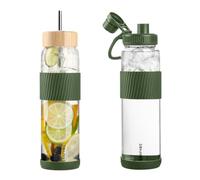 LOOFORE 1 Litre / 1L Bouteille d'eau en Verre et 2 Couvercles Gourde avec Paille, Reutilisable Tasse à Café avec Protecteur en Silicone, sans BPA, pour Maison, Voyages, Sport, Yoga, Gym