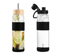 LOOFORE Bouteille d'eau en Verre 1 Litre 1L, 2 Couvercles Gourde et Paille