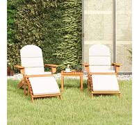 LoogCape Adirondack Salon de jardin 3 pièces en bois d'acacia massif, pliable, avec repose-pieds, table basse et coussins blanc crème pour terrasse et balcon