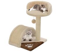 LoogCape Arbre à chat en sisal 40 cm beige marron avec hamac et balle de jeu, idéal pour les chatons et les chats dans l'appartement ou le balcon, tour d'escalade en bois stable avec grotte, espace de