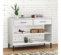 LoogCape Armoire console OSLO avec pieds en métal blanc, pin massif, 98 cm de large, avec 2 tiroirs et étagère ouverte, idéale pour couloir, salon ou chambre à coucher, design robuste