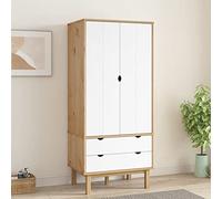 LoogCape Armoire OTTA marron blanc 76,5 x 53 x 172 cm en pin massif avec 2 tiroirs, grand compartiment, pieds en bois, design scandinave, idéale pour chambre à coucher, couloir, chambre d'enfant