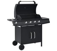LoogCape Barbecue à gaz 4 + 1 flammes en acier noir avec thermomètre, grande surface de cuisson, étagère, bac de récupération de graisse, armoire inférieure, roulettes, capot de protection pour balcon