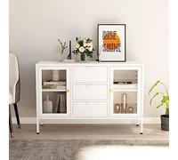 LoogCape Buffet blanc 105 x 35 x 70 cm en acier et verre trempé avec 2 compartiments réglables, 3 tiroirs, nivelleurs, charge jusqu'à 90 kg, idéal pour le salon, la salle à manger, le couloir, le