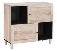 LoogCape Buffet blanc blanchi 80 x 33 x 75 cm en bois de manguier massif avec 2 portes et compartiments pour un rangement élégant dans le salon, la salle à manger, le couloir ou le bureau
