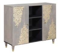 LoogCape Buffet gris et doré 90 x 33 x 75 cm en bois de manguier massif avec accents en laiton, idéal pour le salon, la salle à manger ou le bureau, offre un espace de rangement élégant