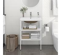 LoogCape Cadre de lavabo Blanc pour Salle de Bain avec Vasque encastrée en céramique, Support Mural en Fer Enduit, Rangement Pratique, Design Moderne, idéal pour Salle d'eau, Toilette ou buanderie
