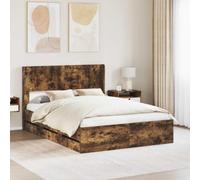 LoogCape Cadre de lit avec espace de rangement et tête de lit en chêne fumé pour chambre à coucher, lit double, lit de rangement, lit en bois massif, avec sommier à lattes stable, montage facile