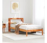 LoogCape Cadre de lit en pin massif marron cire, 75 x 190 cm, avec tête de lit et étagères, lit plate-forme robuste pour chambre à coucher, meuble pratique