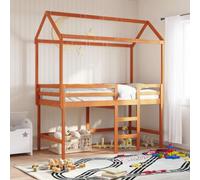 LoogCape Cadre de lit mezzanine marron ciré 90 x 190 cm en pin massif avec garde-corps de protection, sommier à lattes et pieds carrés pour chambre à coucher, chambre d'enfant, chambre d'adolescent