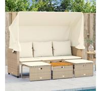 LoogCape Canapé d'extérieur, 3 places, avec toit extensible, 2 tabourets et table, en polyrotin, beige, pour jardin, terrasse, canapé d'extérieur résistant aux UV
