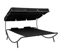 LoogCape Chaise longue avec auvent et coussin noir, chaise longue de jardin résistante aux intempéries pour 2 personnes, réglable, pliable, avec toit ombragé et coussin pour se détendre dans le jardin