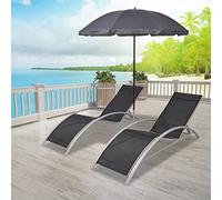 LoogCape Chaise longue avec parasol en aluminium noir, réglable, ergonomique, résistant aux intempéries, pour jardin, terrasse, balcon, piscine, détente en plein air avec protection UV et cadre léger