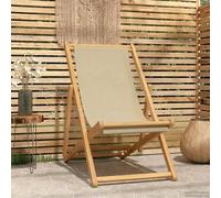 LoogCape Chaise longue beige en bois de teck massif, pliable et réglable avec tissu résistant aux intempéries, idéale comme chaise de jardin, chaise de balcon, chaise de terrasse pour des heures de