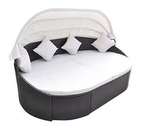 LoogCape Chaise longue de jardin avec toit pare-soleil en rotin marron, résistant aux intempéries, pour terrasse, balcon, piscine, réglable, pliable, avec coussin et coussin pour des heures de détente
