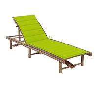 LoogCape Chaise longue de jardin en bambou avec coussin vert clair, dossier réglable sur 3 niveaux, 200 x 65 x 30 à 87 cm, pour jardin, balcon, terrasse, piscine, extérieur, détente et lecture