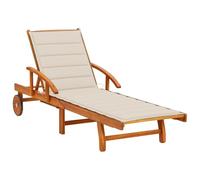 LoogCape Chaise Longue de Jardin en Bois d'acacia Massif avec Coussin Beige, réglable et inclinable pour Relax, terrasse, Balcon ou Piscine, avec roulettes, Table escamotable et Repose-Pied