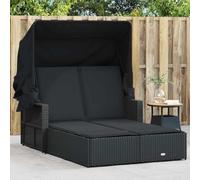 LoogCape Chaise Longue Double avec auvent rétractable Coussins Noirs résine tressée Acier Enduit de Poudre pour extérieur détente Jardin terrasse Balcon Piscine