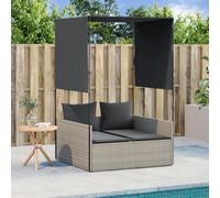 LoogCape Chaise longue double avec toit et rideaux en poly rotin gris clair 110 x 107 cm surface de couchage en acier revêtu par pulvérisation rembourré pour jardin, balcon, terrasse