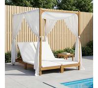 LoogCape Chaise longue double en bois d'acacia massif avec auvent et rideaux, dossier réglable, rembourré, résistant aux intempéries, pour jardin, terrasse et balcon, crème, meubles d'extérieur