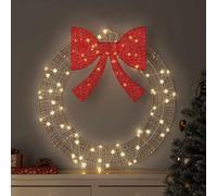 LoogCape Couronne de Noël avec 60 LED blanc chaud 76 x 76 x 8 cm PET pour décorations festives intérieures et extérieures, avec nœud, source d'alimentation USB, durable, facile à entretenir et