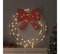 LoogCape Couronne de Noël avec 60 LED blanc chaud 76 x 76 x 8 cm PET pour décorations festives, intérieur et extérieur, nœud inclus, source d'alimentation USB, durable et facile à entretenir