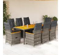 LoogCape Ensemble bistro de jardin de 9 pièces avec coussins gris, fauteuils de relaxation réglables en rotin synthétique, table en bois d'acacia, résistant aux UV, aux intempéries, pour terrasse