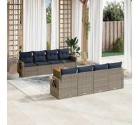 LoogCape Ensemble canapé de jardin 9 pièces en résine tressée grise avec coussins bleu marine, résistants aux UV, capacité de charge de 110 kg, pour terrasse et balcon