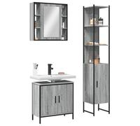 LoogCape Ensemble d'armoires de Salle de Bain 3 pièces Sonoma Gris avec Miroir Double, Meuble lavabo sous Armoire, Rangement Colonne, Support Mural, Pied réglable pour Salle de Bain