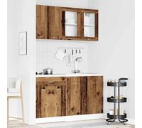 LoogCape Ensemble de 4 Meubles de Cuisine Lyon en Bois d'ingénierie Vieilli avec Rangement, vaisselier, Buffet, étagère, Porte, tiroirs, roulettes, idéal pour Salle à Manger et Cuisine